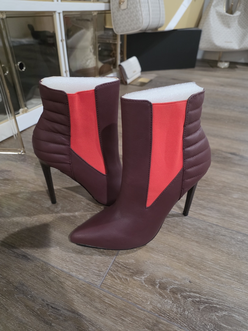 L.A.M.B. Burgundy Ankle Boots with Red Elastic Panel